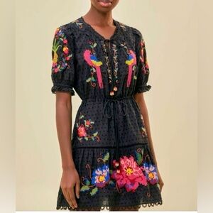 Farm Rio Black Embroidered Mini Dress XL in EUC